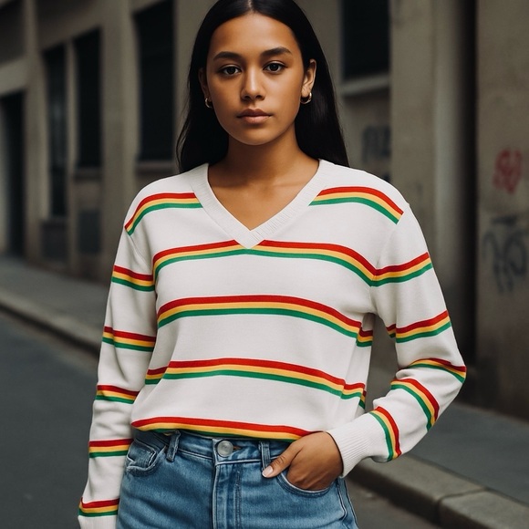 Levi's Sweaters - Levi’s Retro Stripe Normcore V-Neck Sweater White Multicolor Long Sleeve Medium